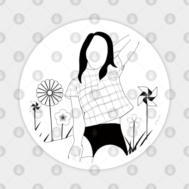 MINIMALIST GIRL PORTRAIT IN A BOX FLOWERS BLACK AND WHITE LINEART Magnet by Mirai Designs